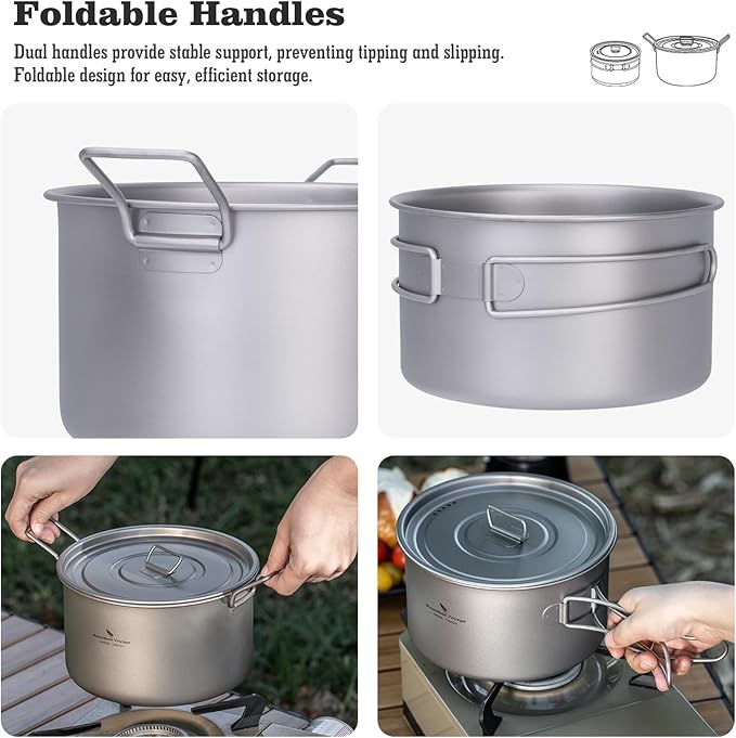 iBasingo 1.8L Titanium Cooking Pot with Lid Camping Cookware with Foldable Handle Outdoor Portable Lightweight Cooking Kit for Backpacking Hiking Picnic Fishing Mountaineering Ti2107C (1 pc)