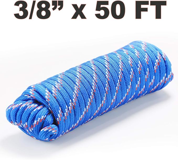 Wellmax Diamond Braid Nylon Rope - 3/8 Inch by 50 Feet Blue Color - Extra Strength, Sunlight and Weather Resistant - Heavy Duty Construction