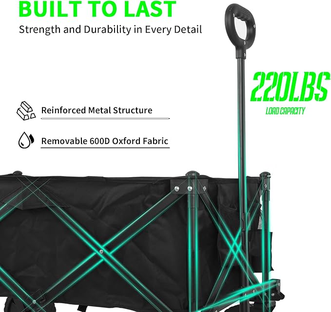 Collapsible Folding Wagon,Utility Beach Wagon Cart Heavy Duty Foldable with All-Terrain Wheels,Large Capacity Foldable Grocery Wagon for Garden Sports Outdoor Camping(Black)