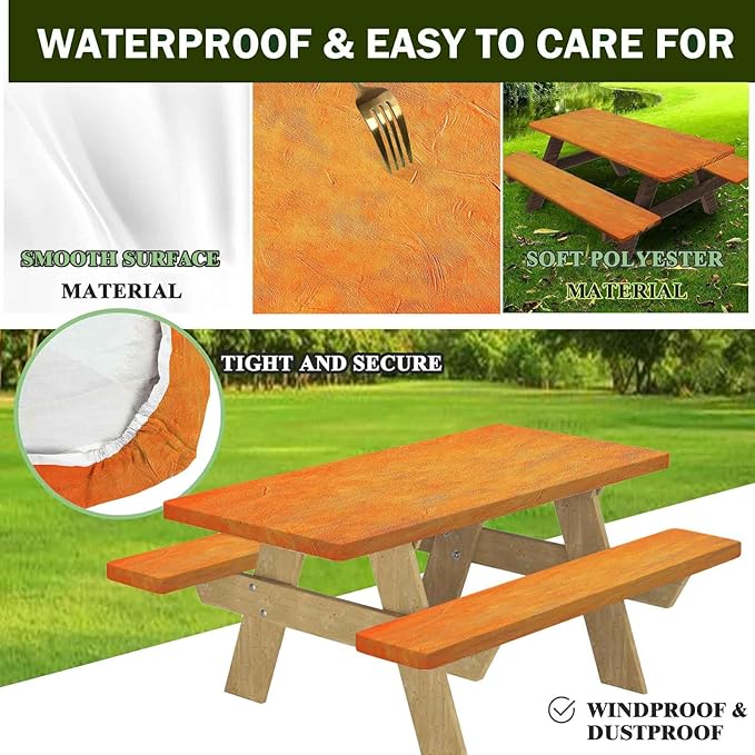 CAPSCEOLL Fitted Picnic Table Cover with Bench Covers with Elastic 8Ft Waterproof Camping Picnic Table Cover Cloths for Outdoors Camping Tablecloth with Drawstring Bag, 96X30in, Burnt Orange