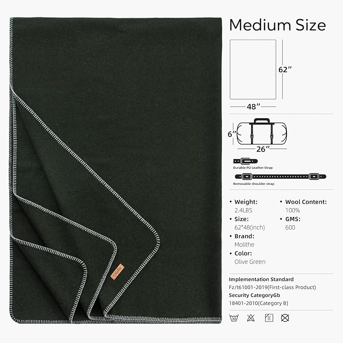 100% Wool Blanket, 48" x 62", Warm, Thick, Washable, Military Wool Blanket, Great for Camping, Outdoors, Sporting Events, Survival Kits,Olive Green
