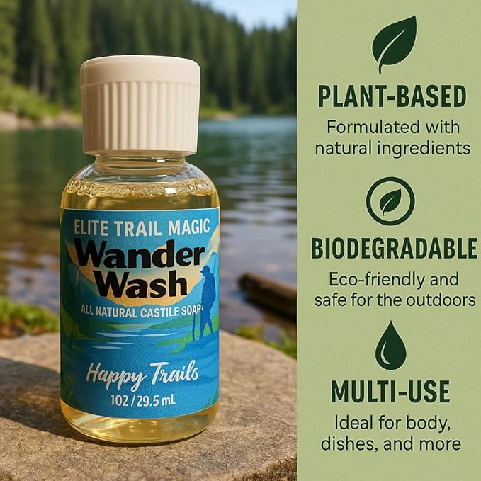 Elite Trail Magic- Wander Wash Biodegradable Castile Soap โ Ultralight 1 oz Concentrated Liquid Soap for Camping, Travel & Backpacking โ All Purpose, Unscented, Made in USA