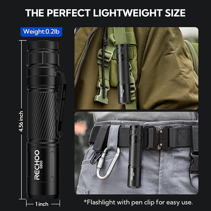 RECHOO Flashlight Rechargeable, G800 LED Flashlight with 3 Lighting Modes, Fixed Focus, Pocket Clip, Small EDC Flash Light for Emergency, Camping Gear (Battery Included)