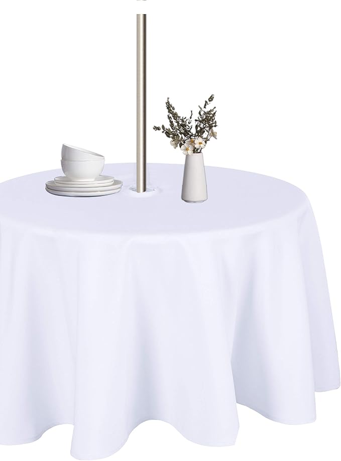 LUSHVIDA Round Outdoor Tablecloth with Umbrella Hole and Zipper, 60 Inch White for 20-48 Inch Tables, Washable Waterproof Table Cloth Spill Proof Wrinkle Free Table Cover for Patio Summer Picnic BBQS