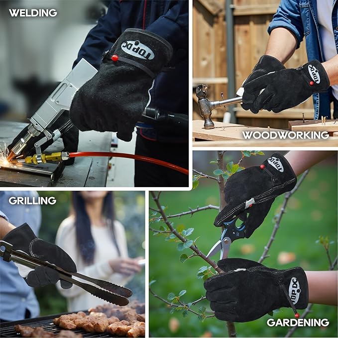 TOPDC Leather Work Gloves for Men or Women, Cowhide Leather Gloves for Gardening, Tig/Mig Welding, Chainsaw, Farm, Ranch, Reinforced Palm, Adjustable Cuff, Cotton Lining, Firm Grip & Durable, XL