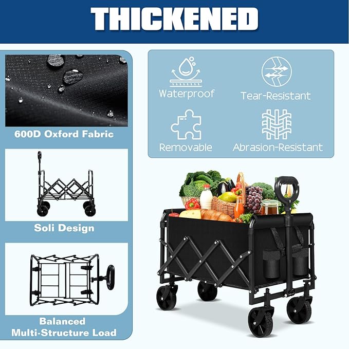 Collapsible Wagon Cart Foldable, Portable Heavy Duty Collapsible Beach Cart All Terrain with Large Capacity, Garden Wagons with Wheels for Shopping, Sports, Camping,Garden,Grocery
