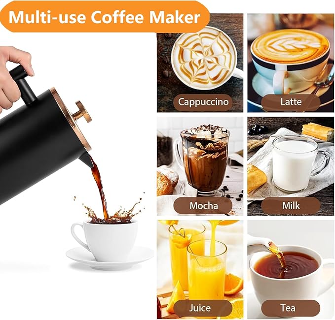 Stainless Steel French Press Coffee Maker 1500ml, Black Double-Wall Insulated Large French Coffee Press for travel camping,Large Capacity (50oz, Black)