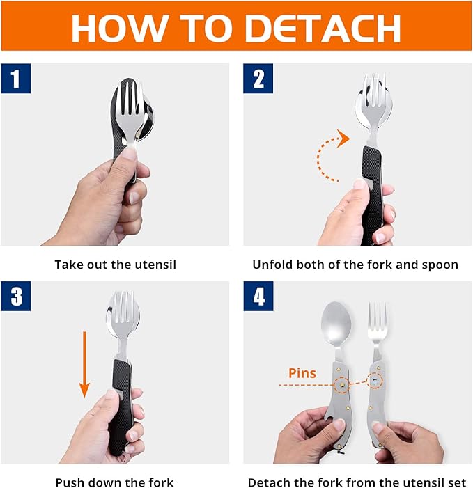 Camping Utensil HIKENTURE 4-In-1 Stainless Steel Fork Knife Spoon Bottle Opener Set with Storage Case (Black)