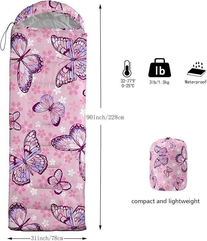 Sleeping Bags for Adults and Kids,3D Printing Camping Sleeping Bag for Girls Boys Lightweight Waterproof Cold/Warm 3-Season,Outdoor Travel with Compression Bags