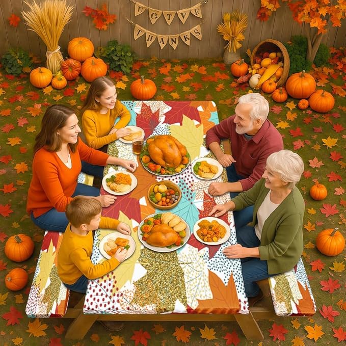 Picnic Table Cover with Bench Covers Elastic Edges, Fall Leaves Fitted Table Cover, Outdoor Patio Camping Essentials 72 Inch 3PCS, Waterproof Camping Fitted Tablecloth with Drawstring Bag