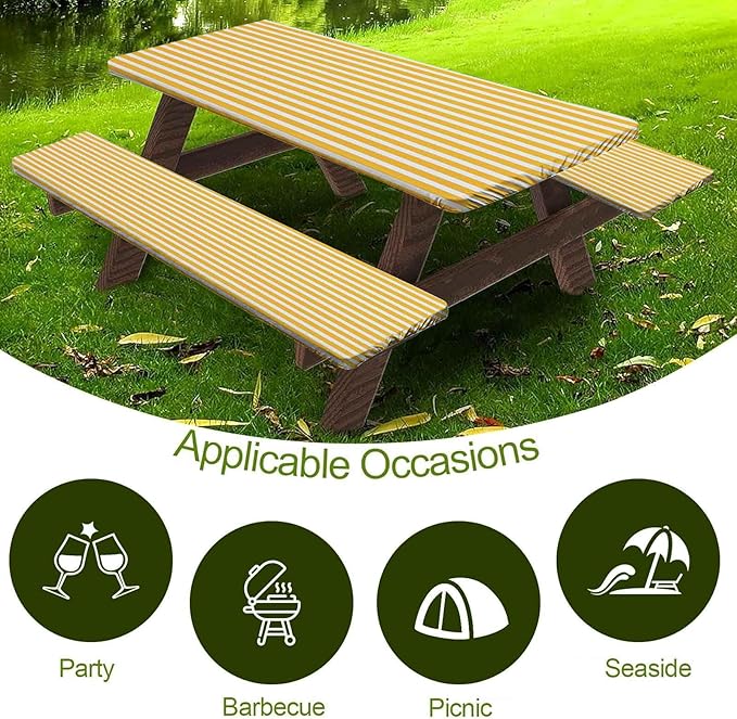 CAPSCEOLL Elastic Picnic Table Cover with Bench Covers 5Ft Waterproof Fitted Picnic Table Cover Cloths for Outdoors Camping Tablecloth with Drawstring Bag, 60X30in, Orange White
