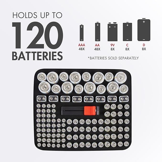Tenergy Large Battery Organizer Storage Case with Battery Tester, Holds 120 Batteries AA AAA C D 9V (Batteries not Included)