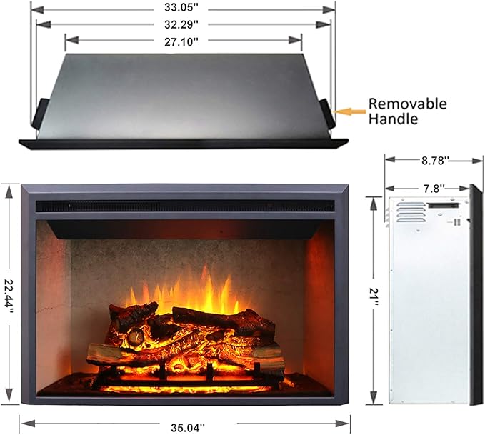 RICHFLAME 33 Inches, 21 Inches High, Edward Electric Fireplace Insert with Weathered Concrete Interior, Fire Crackling Sound, Remote Control, 750/1500W, Black