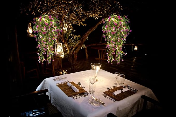 RECUTMS Artificial Hanging Plants with Lights Fake Hanging Plant Faux Eucalyptus Leaf Greenery Vine Outdoor UV Resistant Plastic Plants Home Garden Wedding Party Indoor Outdoor Decorations (Fuchsia)