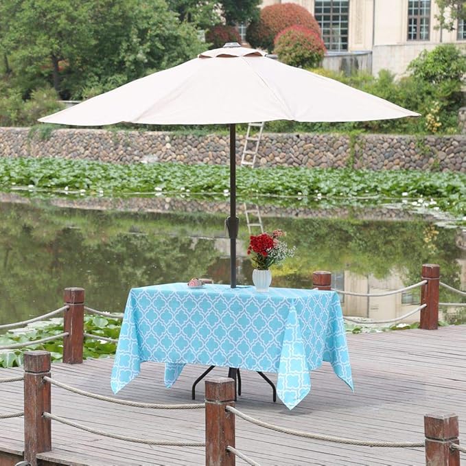 Poise3EHome 60X84 Outdoor/Indoor Waterproof Spillproof Rectangle Tablecloth with Umbrella Hole for Camping, Picnic, Afternoon Tea, BBQ, Aqua Blue