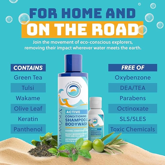 Non Toxic Shampoo and Conditioner, Body Wash 3 in 1 for Swim - Reef Safe Swimmers Shampoo for Men, Women Kids - All Natural Organic Shampoo Conditioner, Biodegradable Soap Camping Travel Size 1.69oz