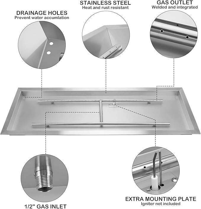 Stanbroil 48 x 14 inch Rectangle Fire Pit Kit with Spark Ignition, Drop-in Natural Gas Firepit Burner for DIY Fire Table Outside Patio Backyard Balcony, Natural Gas Version, 185,000 BTU Max