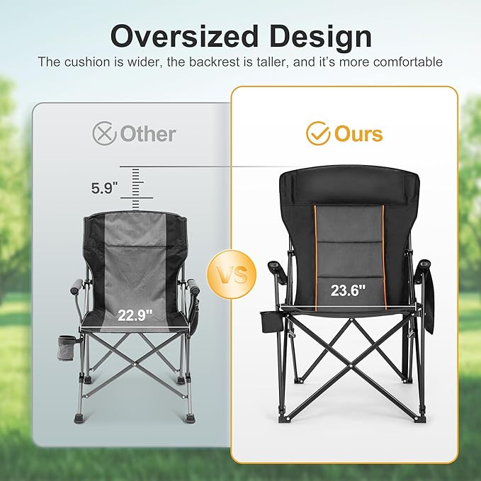 LET'S CAMP Oversized Camping Chairs 29.52" High Back Heavy Duty Lawn Chair Support 500LBS, Portable Collapsible Chair with Cup Holder, Side Pocket(Black)