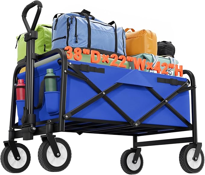 Garden Cart Folding Wagon Garden Cart Collapsible Wagon with Adjustable Handle &360°Universal Wheels for Garden Camping Shopping Beach (Blue)