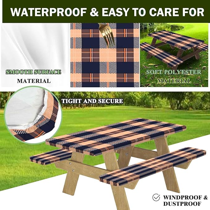 CAPSCEOLL Elastic Picnic Table Cover with Bench Covers 5Ft Waterproof Fitted Picnic Table Cover Cloths for Outdoors Camping Tablecloth with Drawstring Bag, 60X30in, Autumn Plaid