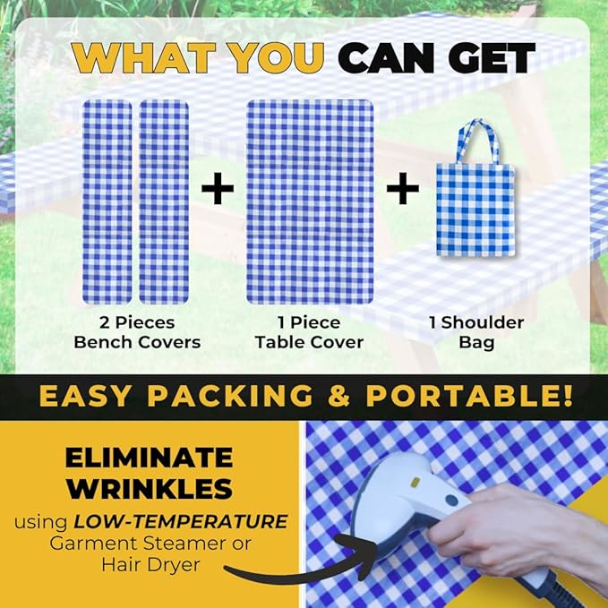 RNOONY Vinyl Fitted Picnic Table Cover with Bench Covers and Bag, 6ft Outdoor Waterproof Picnic Tablecloth with Elastic Edges, 72x30 Inches 3 Pcs Set (Blue Checkered)