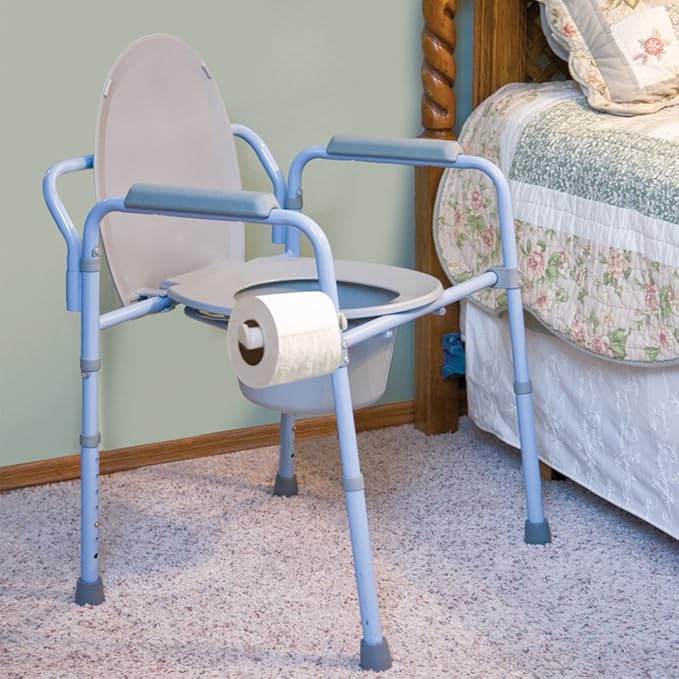 Carex 3-in-1 Folding Bedside Commode and Raised Toilet Seat, Portable Toilet for Camping, Supports Up to 300lbs, Bedside Commodes for Seniors, Adult Potty Chair with Bucket, Lid, and Splash Guard
