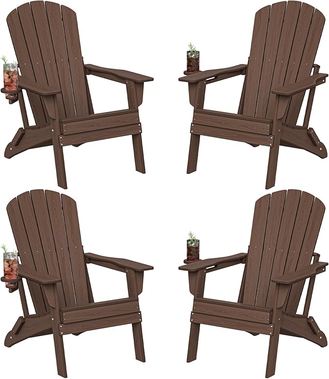 Folding Adirondack Chair Set of 4, Cup Holder,Wooden Textured ,Heavy All-Weather HDPE Comfortable Set Poolside Backyard Lawn Coffee