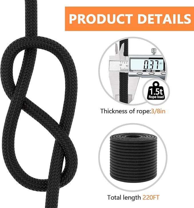 X XBEN Braided Polyester Arborist Rope 3/8 inch X 220ft, 48 Strands, 3430 LBS Breaking Strength Outdoor Ropes, Arborist Rigging Rope for Rock Hiking Camping Swing Tree Rescue,Black
