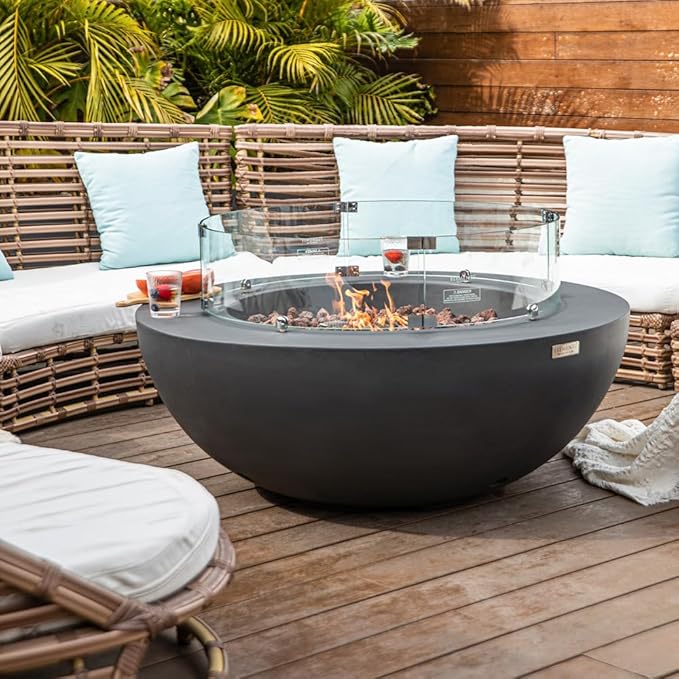 Elementi Lunar Bowl Dark Grey Fire Pit Bundle Outdoor Firepit Set Includes 42” Natural Gas Concrete Firepit, Glass Windscreen, Stainless Steel Cover, Canvas Cover, Floor Mat, Hammock, Beverage Tub