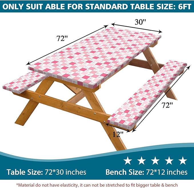 Picnic Table Cover with Bench Covers, Checkered Bownot Elastic Edges Waterproof Windproof Camping Essentials, Camping Fitted Tablecloth with Drawstring Bag, 96in, Pink White
