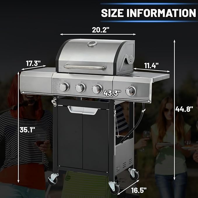 3-Burner Propane Gas BBQ Grill with Side Burner, 40,500 BTU Stainless Steel Gas Grill with Rain Cover for Outdoor, Camping, Barbecue Grilling Backyard Cooking (3+1 burner)