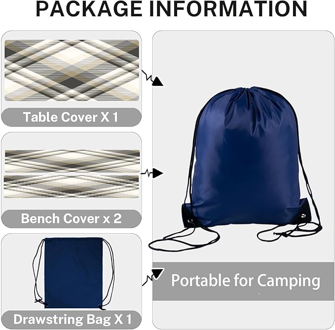 CAPSCEOLL Picnic Table Cover with Bench Covers 8Ft Farm Plaid Waterproof Camping Tablecloth All-Weather Outdoor Table Protector with Drawstring Bag for Camping Essentials, 96X30In, Grey White