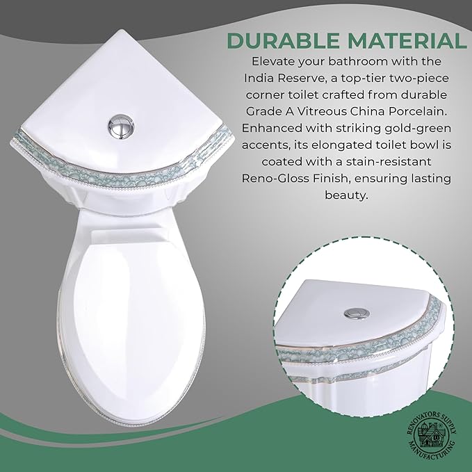 Renovators Supply Manufacturing Corner 2 Piece Toilet India Reserve Bathroom Toilets With Slow Close Toilet Seat Elongated Toilet Bowl With Green Gold Accent