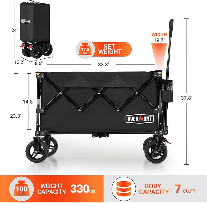 Overmont Ultra-Compact Collapsible Wagon Cart -200L Portable Folding Wagon with All-Terrain Wheels Utility for Beach, Grocery Shopping, Camping, and Gardening โ 330lbs Load Capacity Black