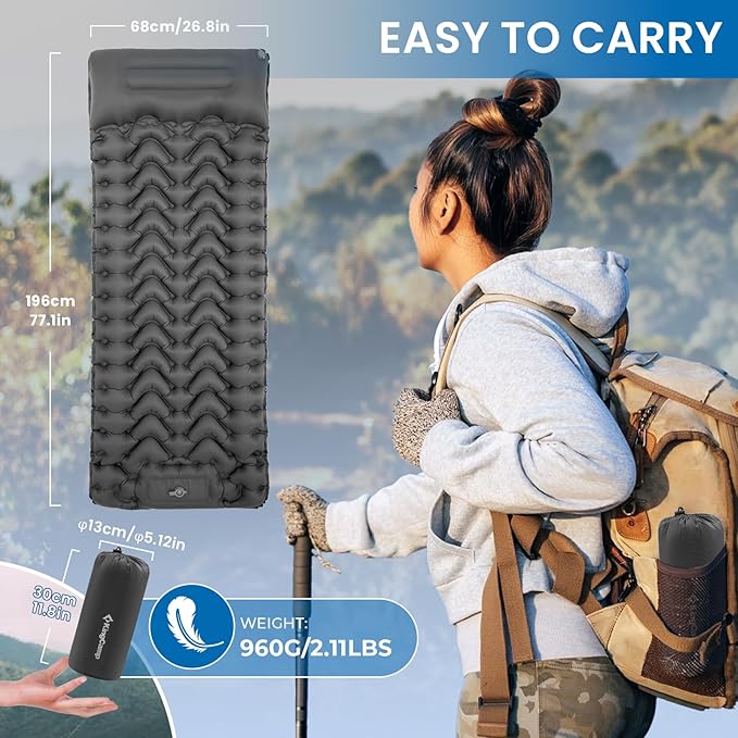 KingCamp Sleeping Pad for Camping, Ultralight Connectable Inflatable Sleeping Pad Camping Mattress with 6.3" Built-in Pillow & Foot Pump for Backpacking Hiking Tent Cot