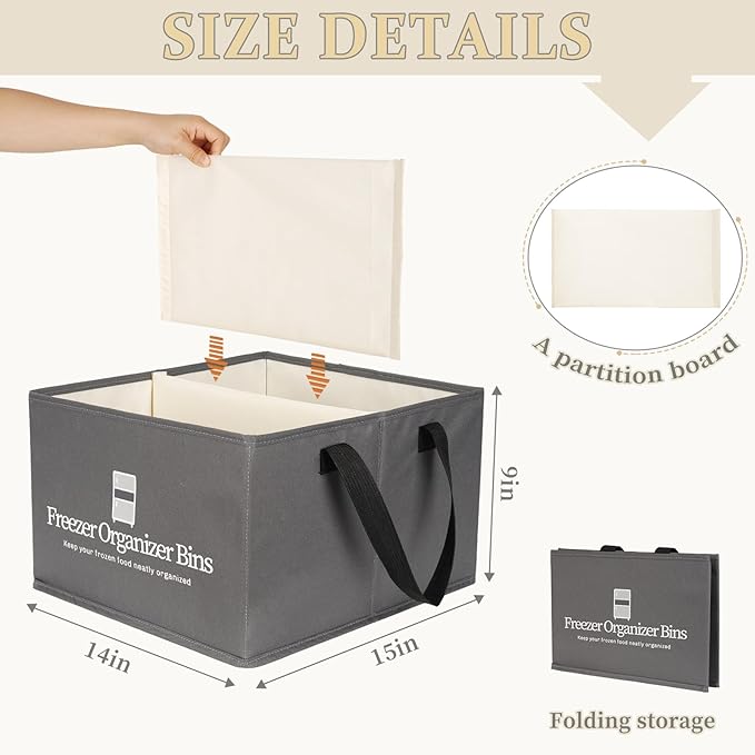 Freezer Organizer Bins, 2 Pack Collapsible Deep Freezer Organizer Bins for 15"x14"x9", freezer Storage Bins with Removable Dividers, Handles (Dark Grey, 2 Pack)