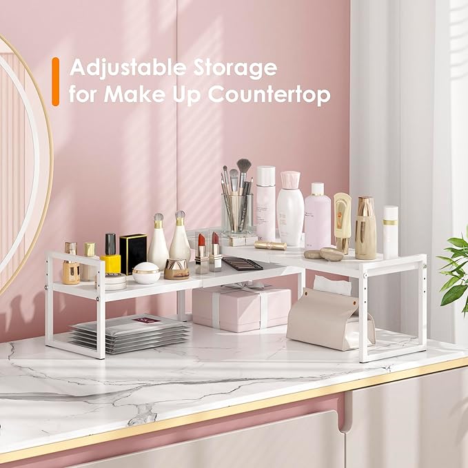 DOLALIKE Expandable Kitchen Countertop Organizer, Stackable Cabinet Shelf Organizers, Space Saving Spice Rack Pantry Storage for Bathroom Office Organization (White, 1-Tier)