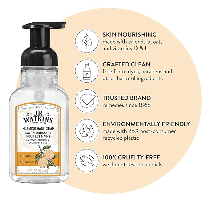 J.R. Watkins Foaming Hand Soap Pump with Dispenser, Moisturizing Hand Soap Foam, Alcohol-Free and Cruelty-Free, Use for Kitchen or Bathroom, Orange, 9 fl oz, 3 Pack