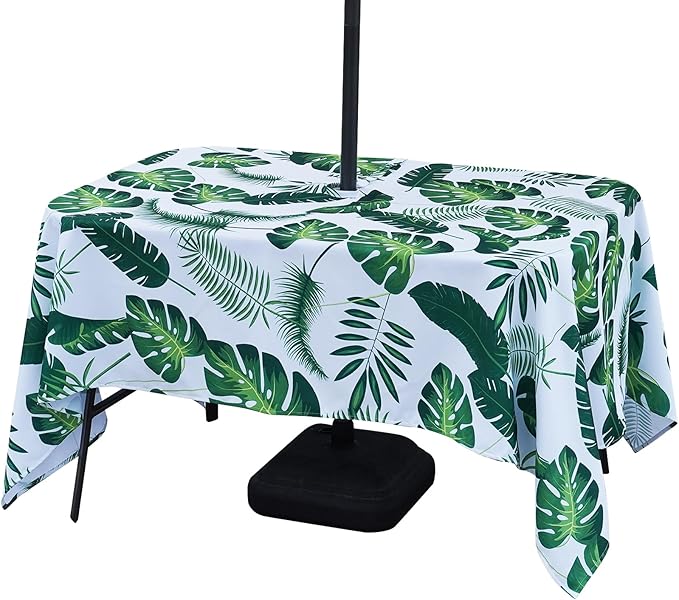 Poise3EHome 60X84 Outdoor/Indoor Waterproof Tropical Rectangle Tablecloth Green with Umbrella Hole Zipper for Camping Picnic Party Patio Table Spring, Palm Leaf