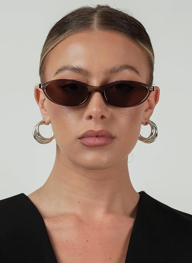 Retro Oval Sunglasses for Women Chic Cat Eye 90s Sunnies Lightweight Narrow Shades Trendy UV protection Sun Glasses