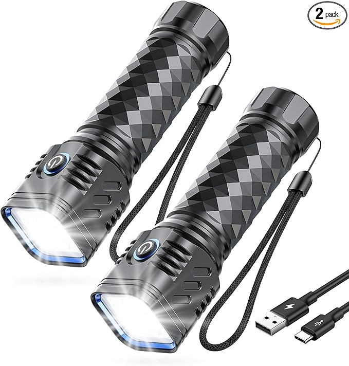 Rechargeable Flashlights High Lumens, Flashlights Rechargeable, Super Bright Flashlight, Waterproof Tactical Flash Light, High Powered 2000 mAh LED Flashlight for Emergency Home Camping Essentials 2P