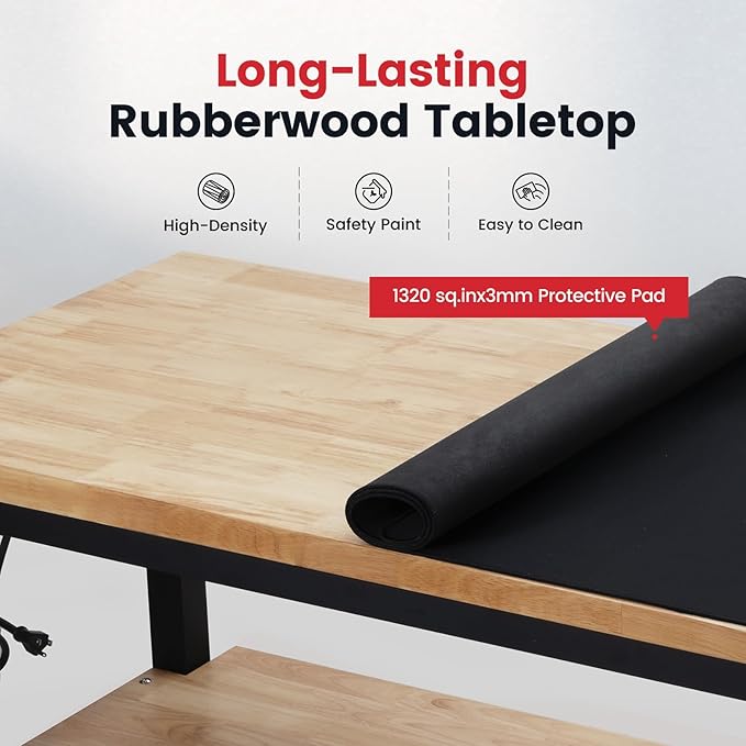 Work Table for Garage 60 Inch Workbench with Storage Adjustable Height Rubber Wood Tabletop Work Bench with Power Outlets Pegboard Pad for Cutting Wood Shop Woodworking Home Office