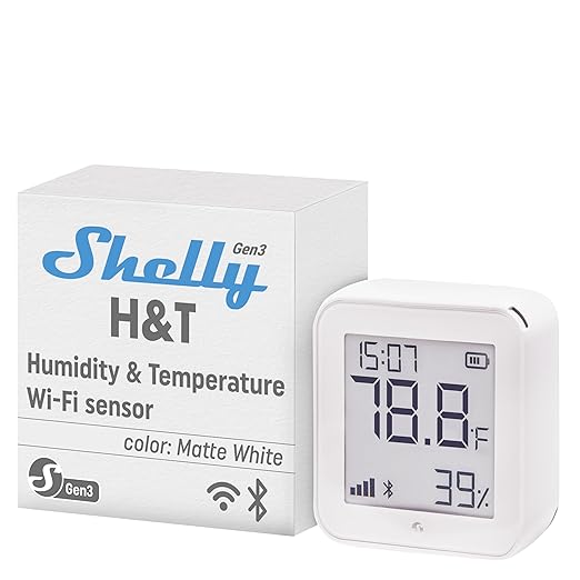 Shelly H&T Gen3 White | Wi-Fi & Bluetooth Smart Temperature & Humidity Sensor with Remote App Control | Smart Scenes | LCD Display