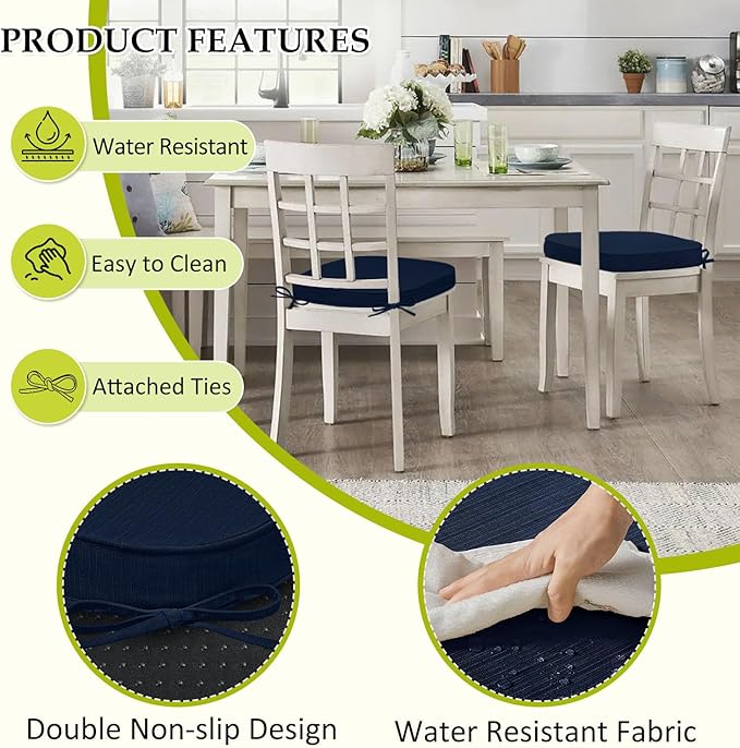 Chair Cushions for Dining Chairs, Indoor Chair Cushions with Ties,Waterproof Chair Pads Set of 6, Navy Blue, 17x16x2.5 Inch