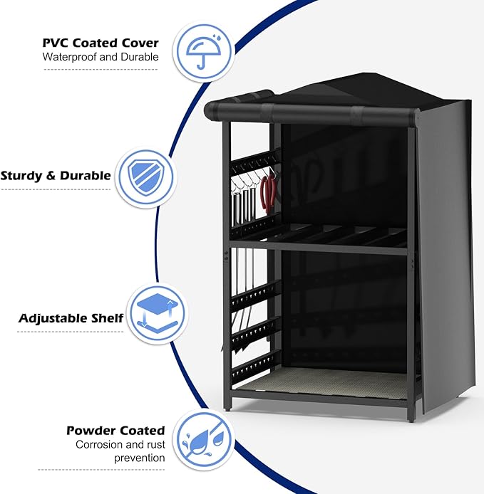 Storage Station for Solo Stove Bonfire, Yukon, Ranger, Firewood Rack Outdoor with Cover, Storage Rack for Fire Pit Accessories, with Waterproof Cover, Adjustable Shelf, Iron Black