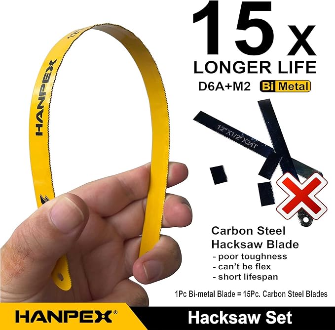12in. High-Tension Hacksaw Frame with 10pcs Extra Bi-metal Blades, Hand Saw Suitable for Metal, wood, PVC, Carpentry