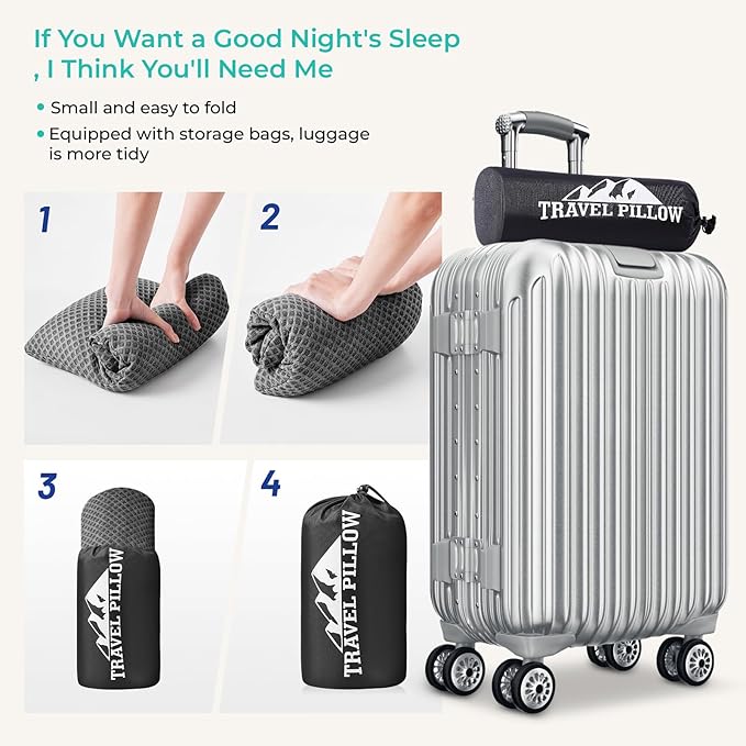 Travel Pillow Memory Foam Pillows, Camping Pillow-Compressible Medium Firm, Breathable Cover, Ideal Backpacking Hiking, Bed Pillows, Airplane and Car (Dark Grey, M)
