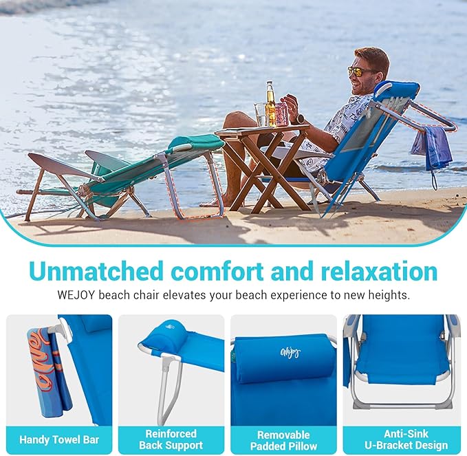 #WEJOY Folding Beach Chair for Adults, 4-Position Aluminum Lightweight Beach Chair, Low Sands Chairs with Shoulder Strap, Cup Holder and Padded Headrest, Supports 265lbs for Lawn