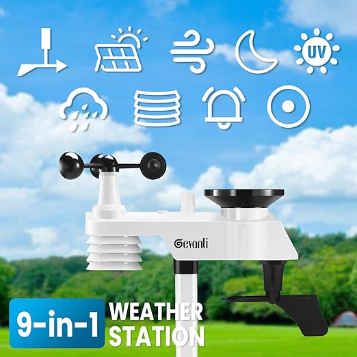 Weather Station Wireless Indoor Outdoor with 9-in-1 Sensor & LCD Display, Weather Station with Rain Gauge and Wind Speed/Direction, Moon Phase, Forecast, Temperature, Pressure, Humidity, Alarm