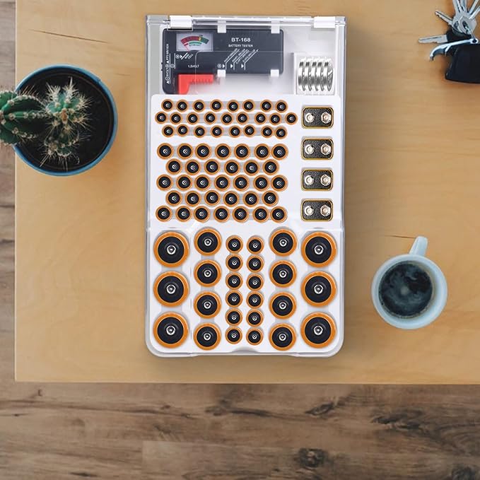 Battery Organizer Storage Box with Tester,Clear Lid Battery Organizer Storage Case Holder Holds 93 Batteries Battery Storage Box Battery Carrying Case(Batteries are Not Included)